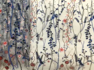 60 inch Floral Embroidered Overlay Tulle- White Tulle with Blue Red Flowers