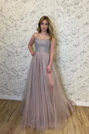 A Line Stylish Tulle Spaghetti Straps Evening Dresses Beads Long Prom Dresses With Slit