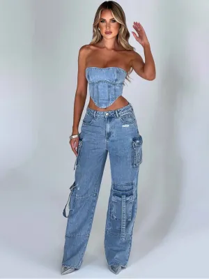 American low-waist pocket splicing jeans