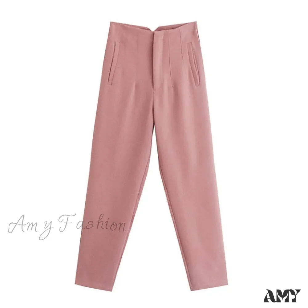 Amy Fashion - Chic Button Zip Elegant Pink Casual Pants