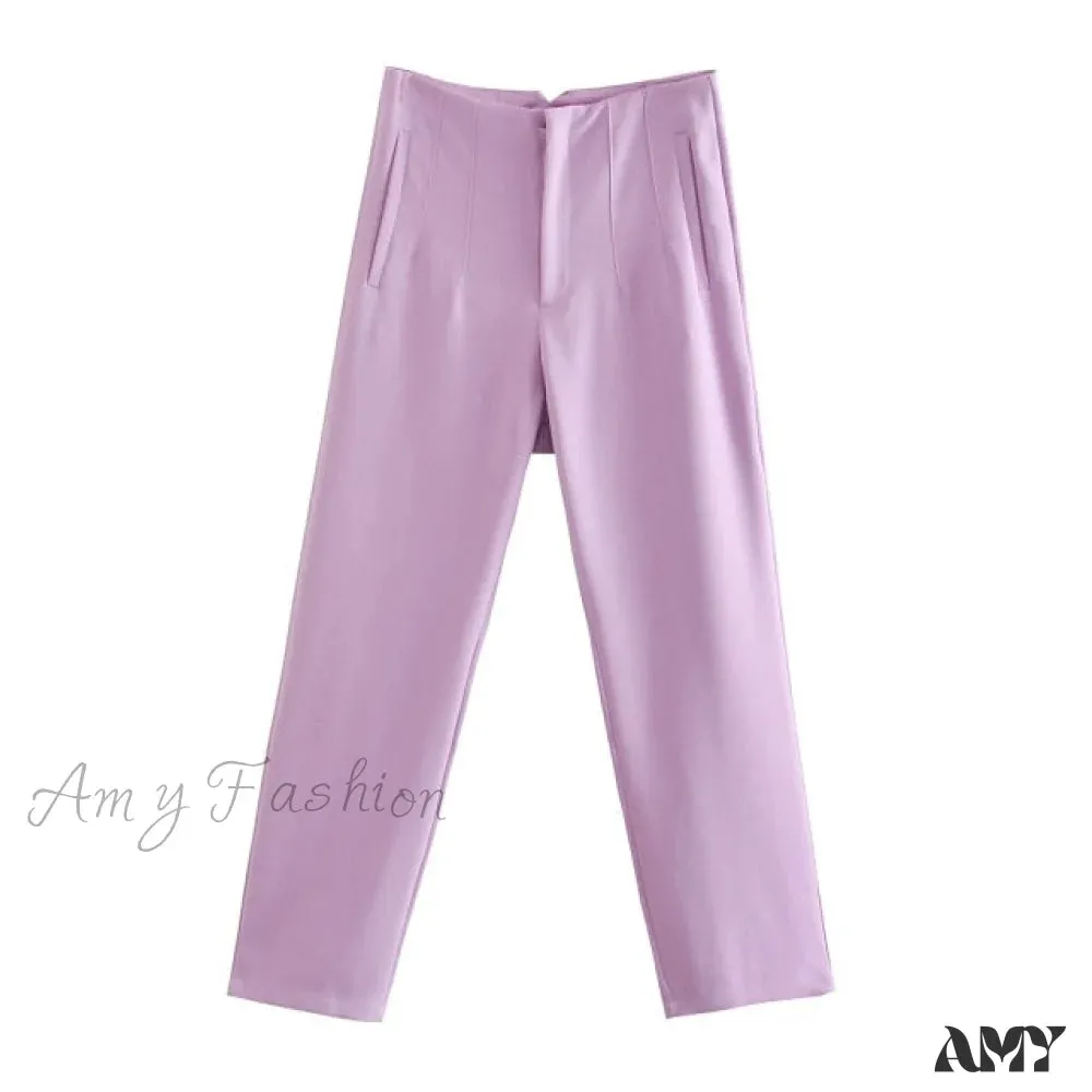 Amy Fashion - Chic Button Zip Elegant Pink Casual Pants