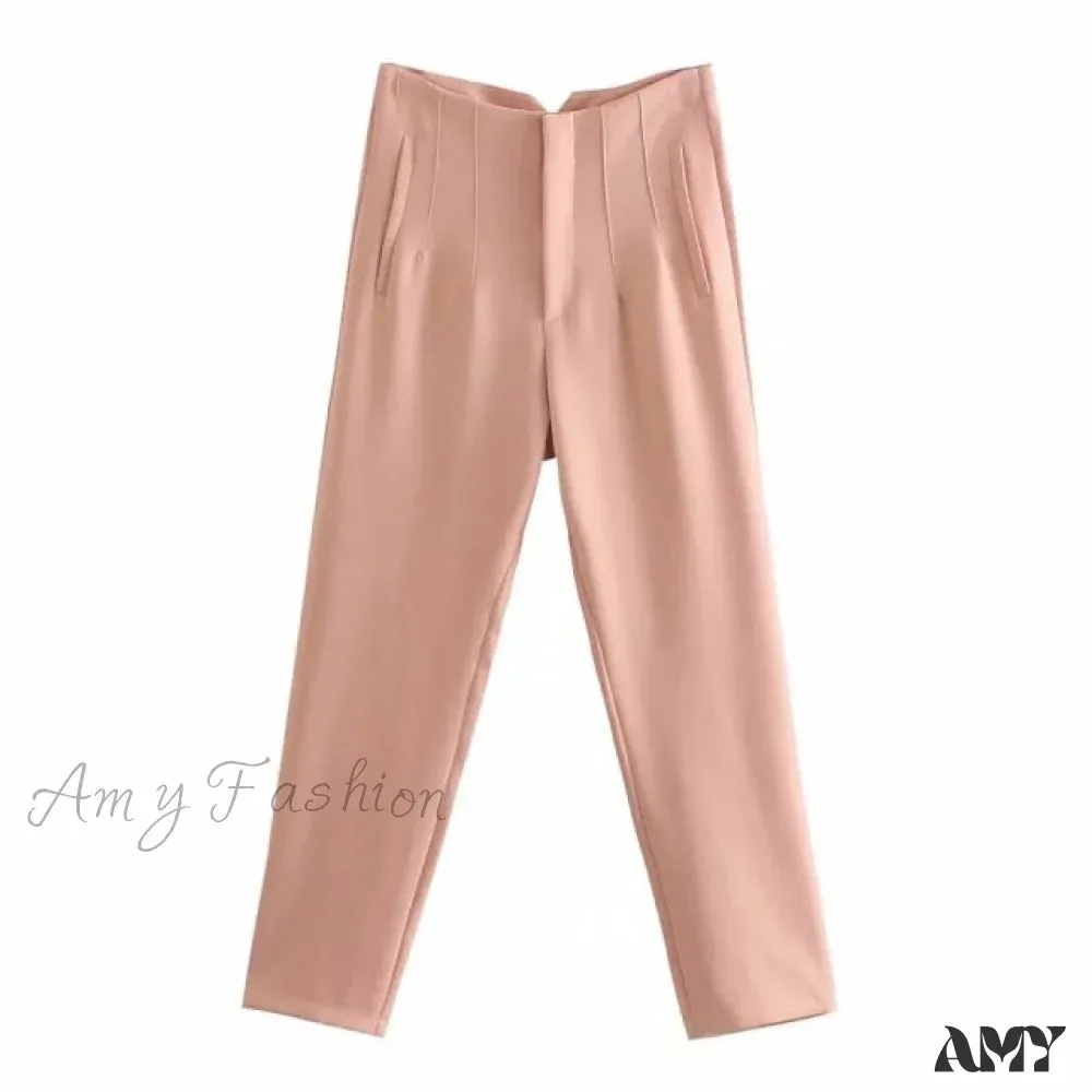 Amy Fashion - Chic Button Zip Elegant Pink Casual Pants