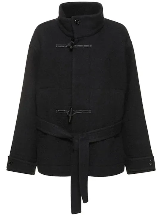 Belted Black Wool Duffle Jacket