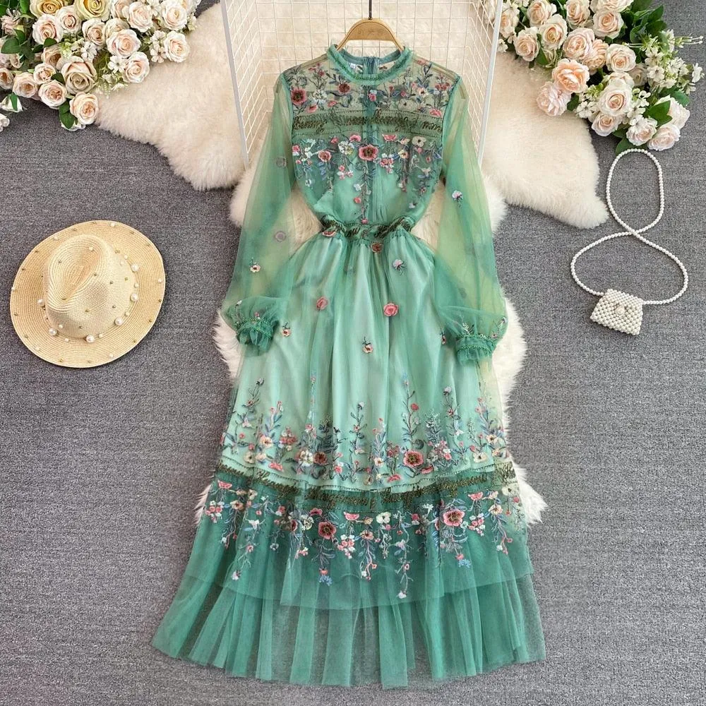 Bohemian Flower Embroidery Dress, Long Sleeve Mesh Lace Ruffles Dress