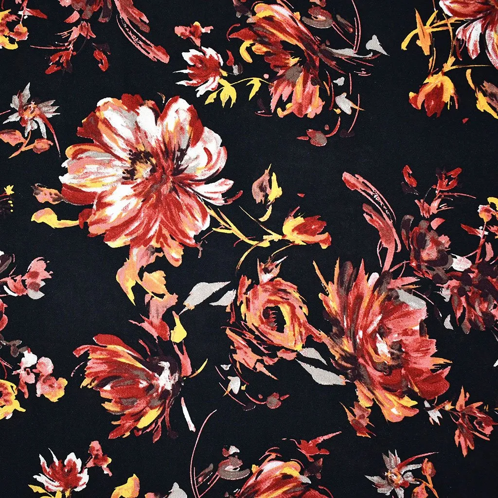 Brushstroke Autumn Floral Rayon Black SY