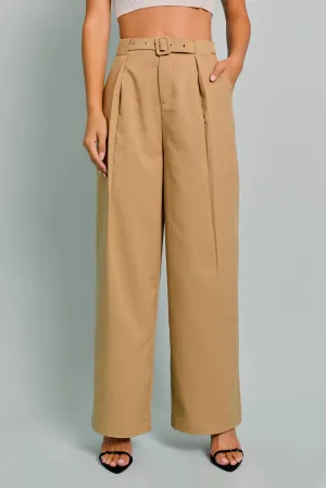 Camel Belted High Waist Wide Dressy Pants