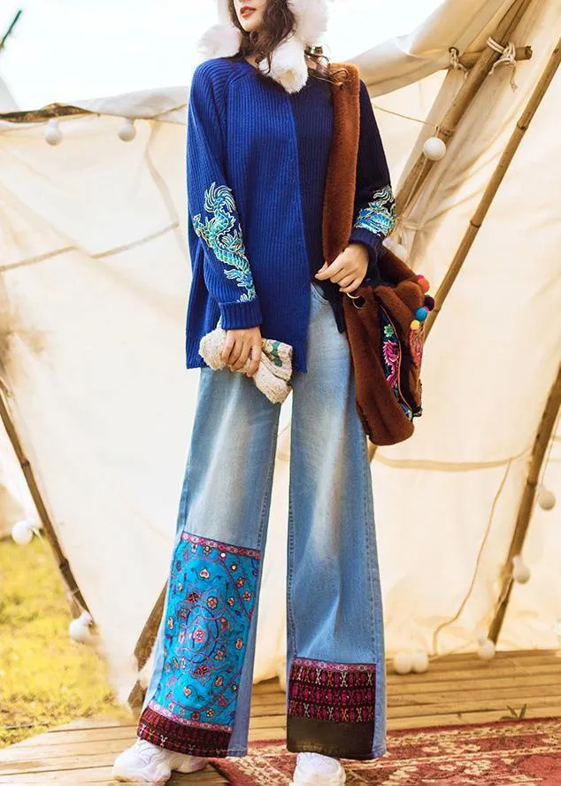 Chic high waist pant oversize denim blue Cotton embroidery pant