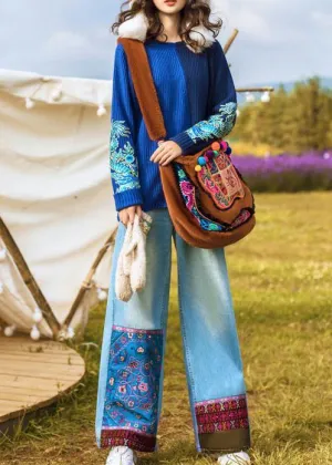 Chic high waist pant oversize denim blue Cotton embroidery pant