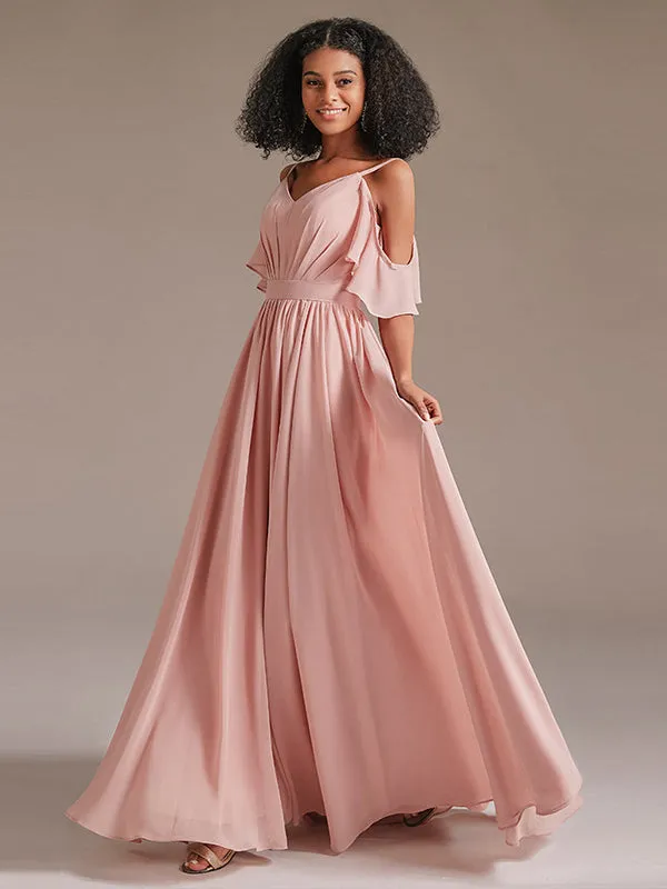 Cold Shoulder Pleated Chiffon Formal Bridesmaid Dress