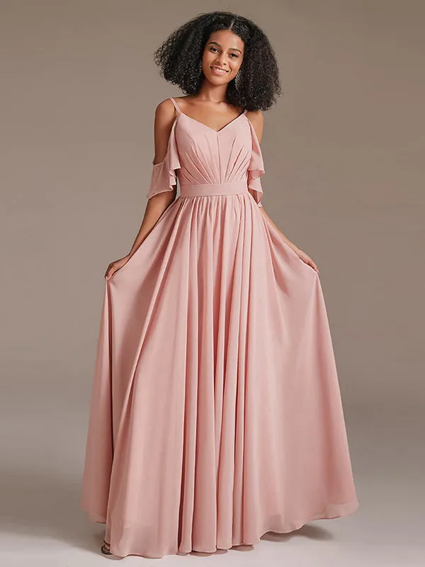 Cold Shoulder Pleated Chiffon Formal Bridesmaid Dress