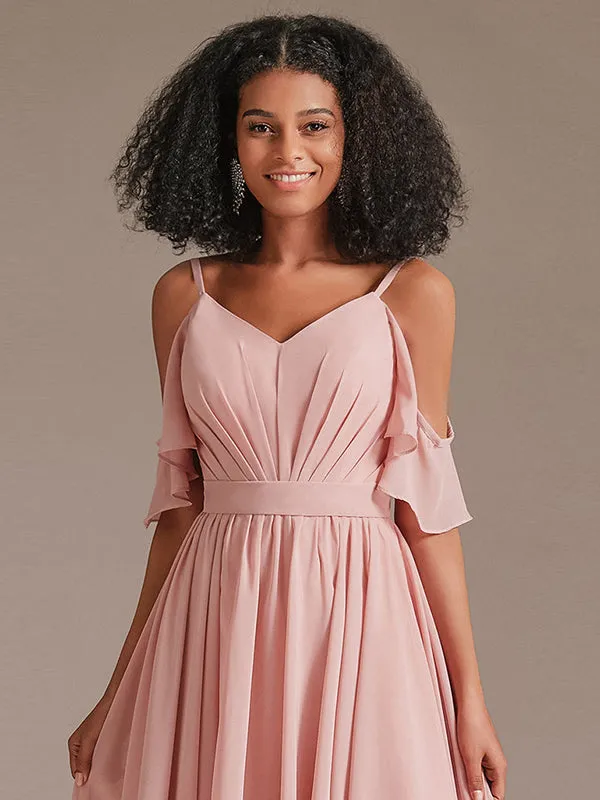 Cold Shoulder Pleated Chiffon Formal Bridesmaid Dress