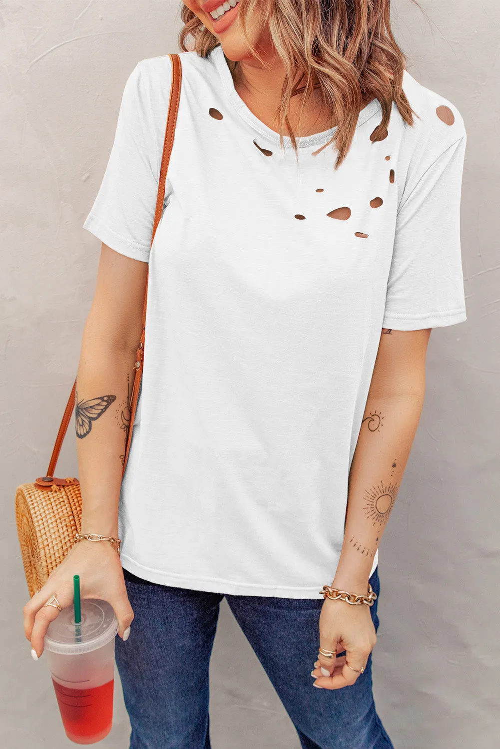 Distressed Short Sleeve Crewneck T-Shirt