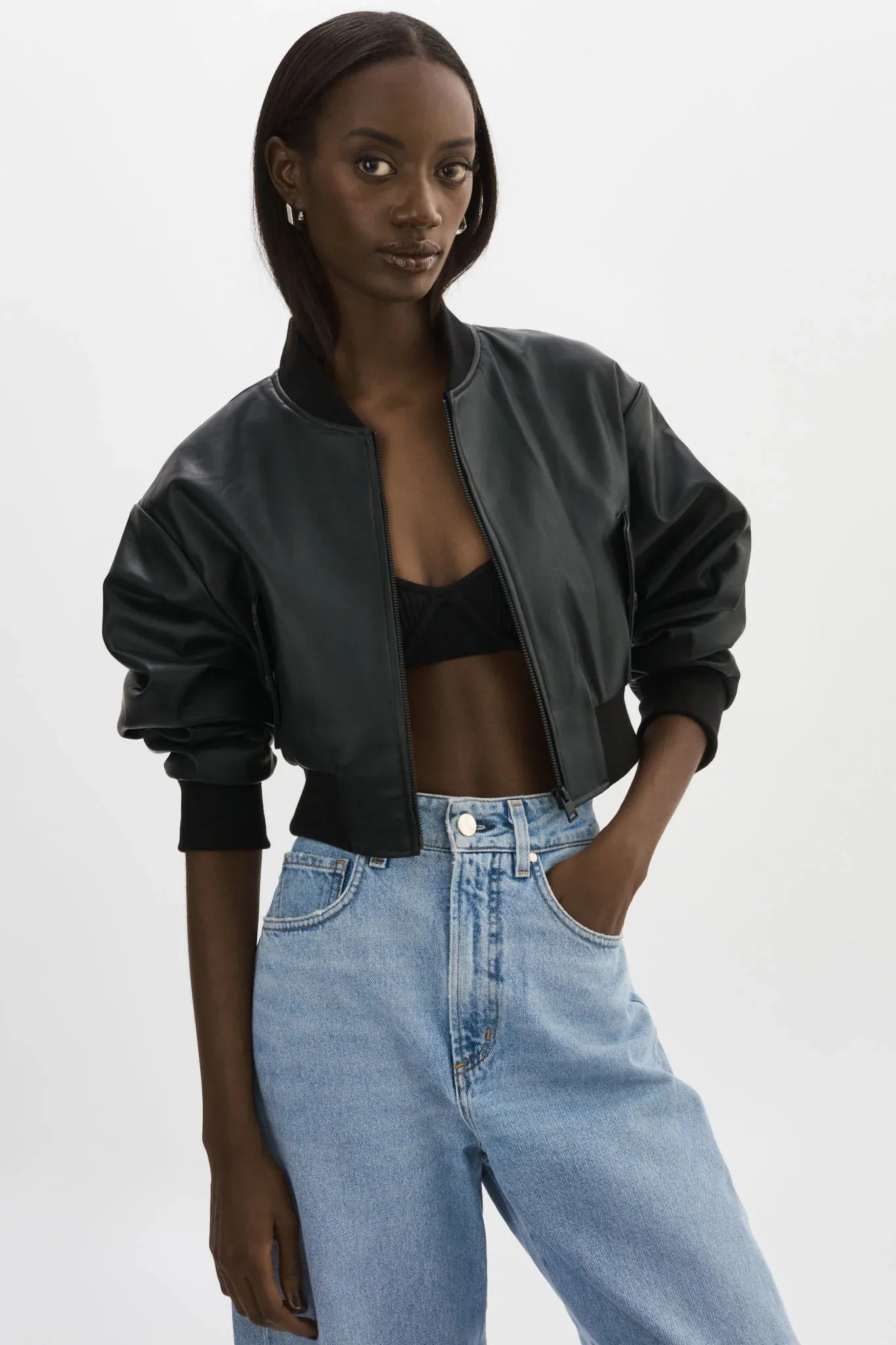 Evelin Faux Leather Cropped Bomber