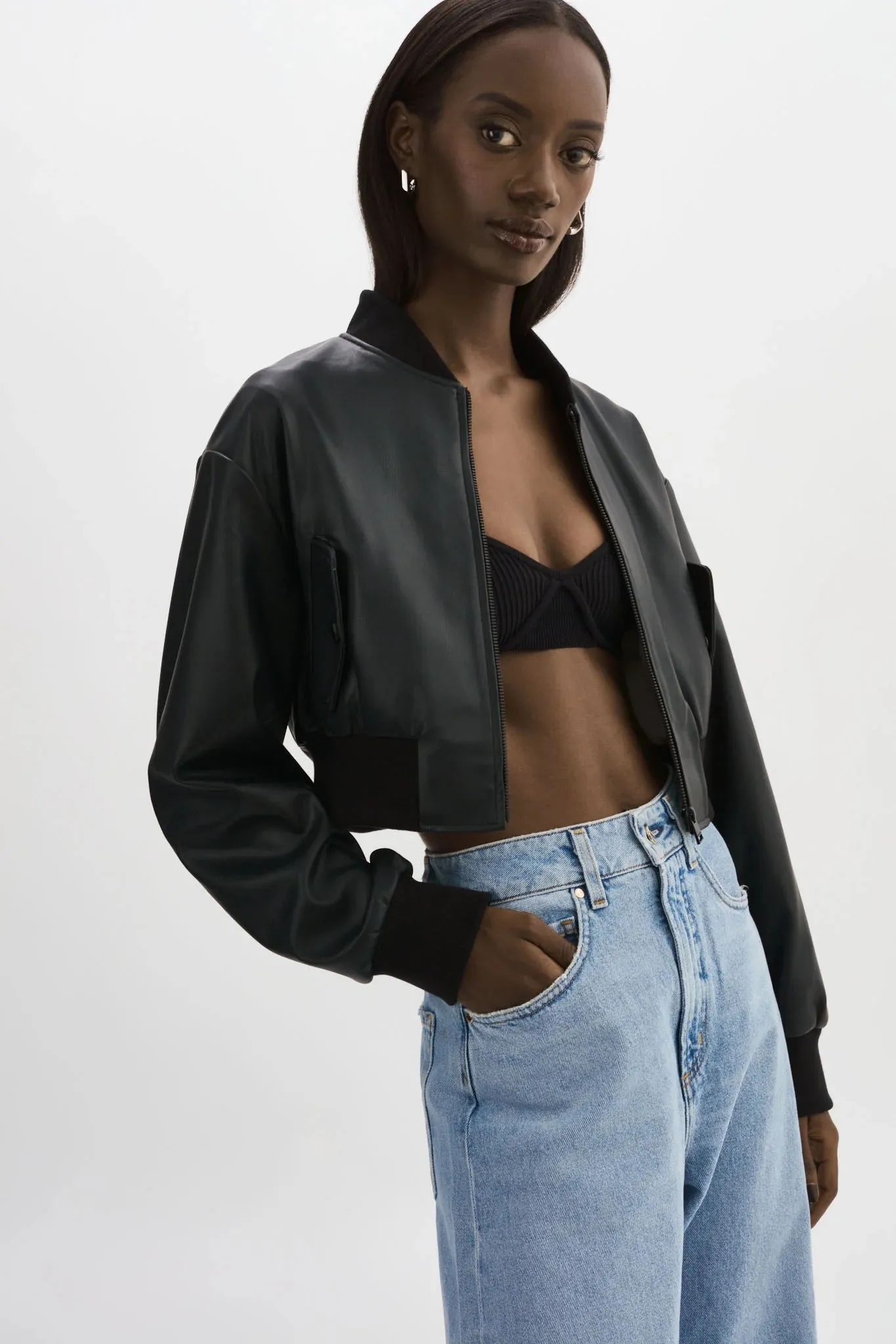 Evelin Faux Leather Cropped Bomber