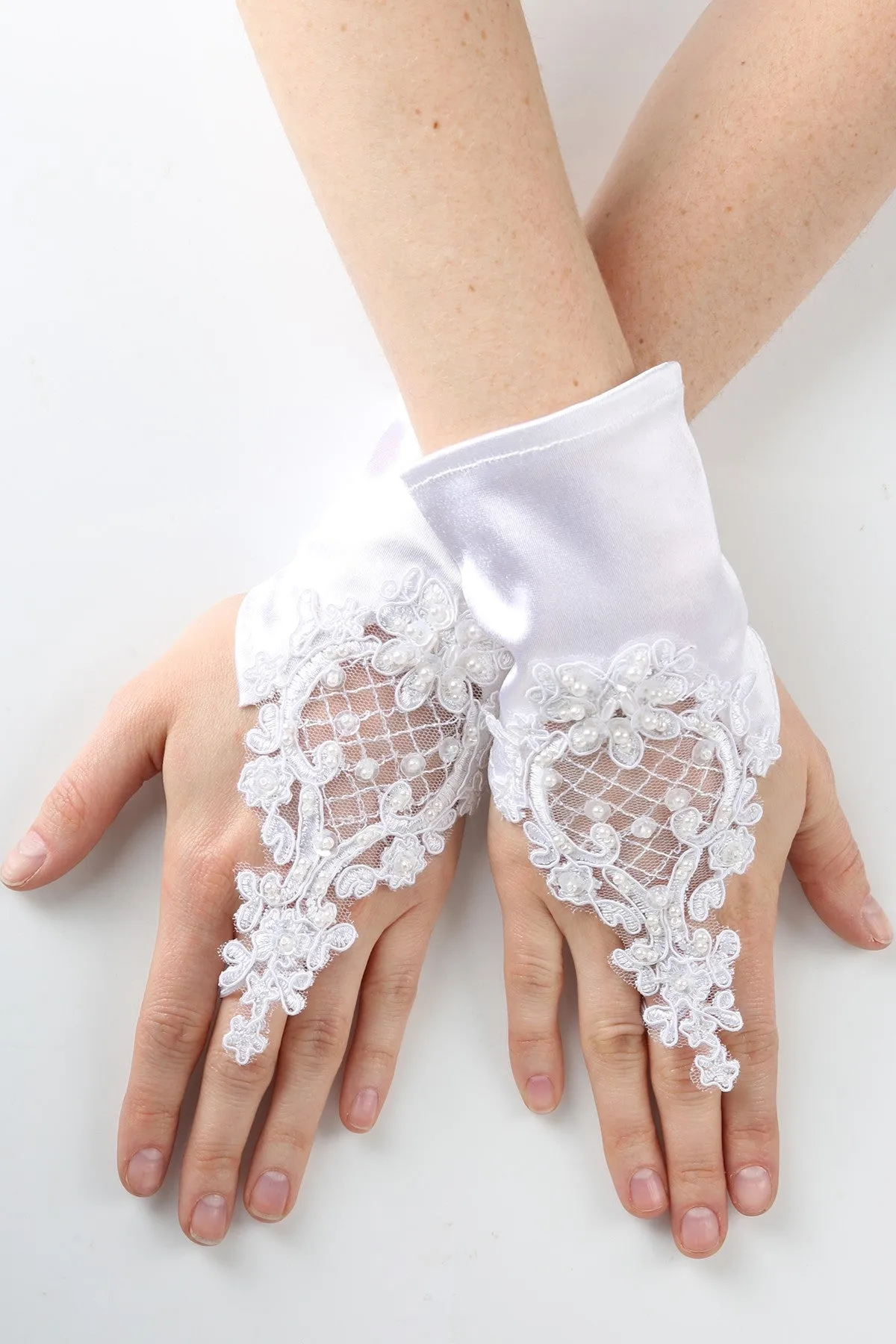 Girls White Pearl Sequin Coiled Lace Satin Communion Flower Girl Gloves