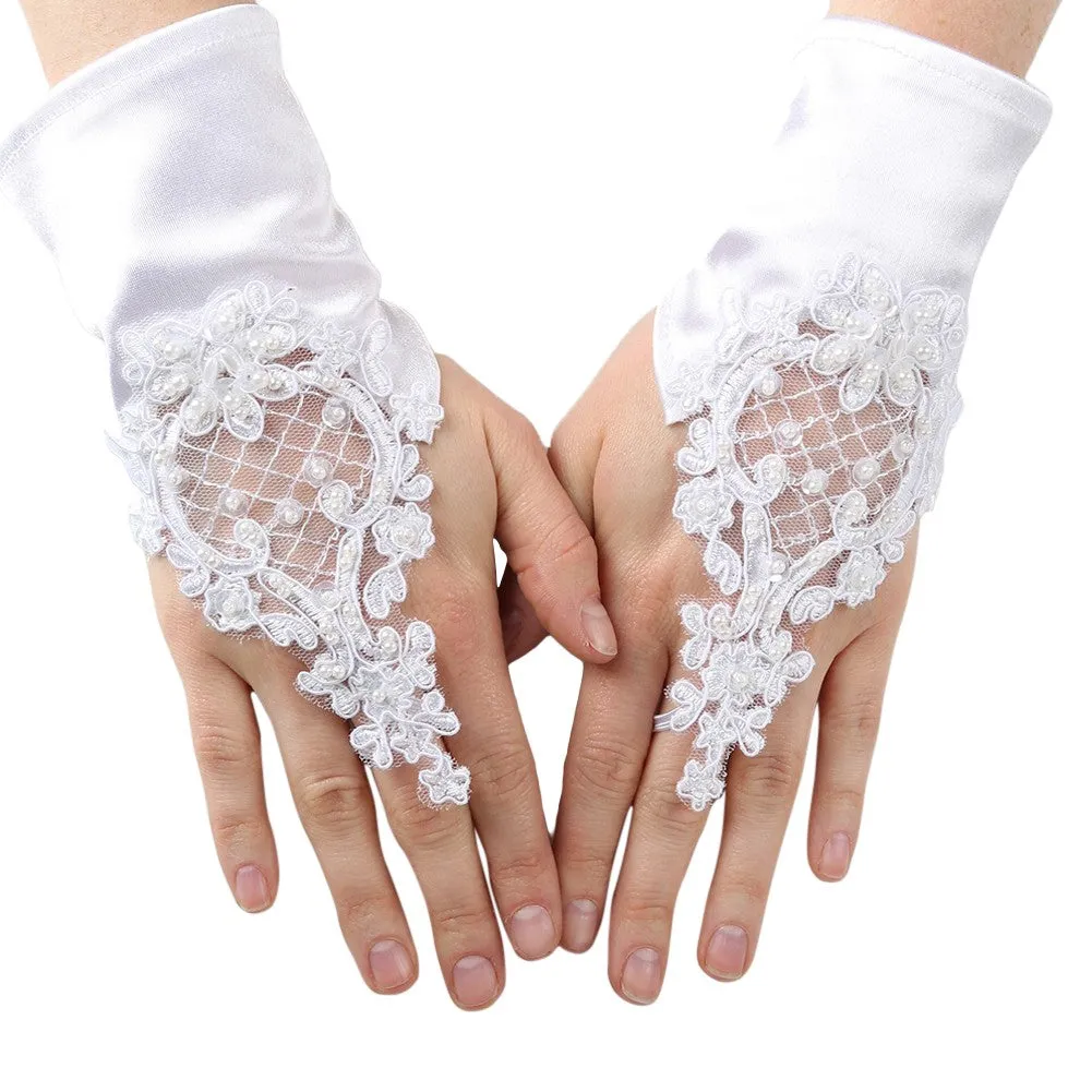 Girls White Pearl Sequin Coiled Lace Satin Communion Flower Girl Gloves