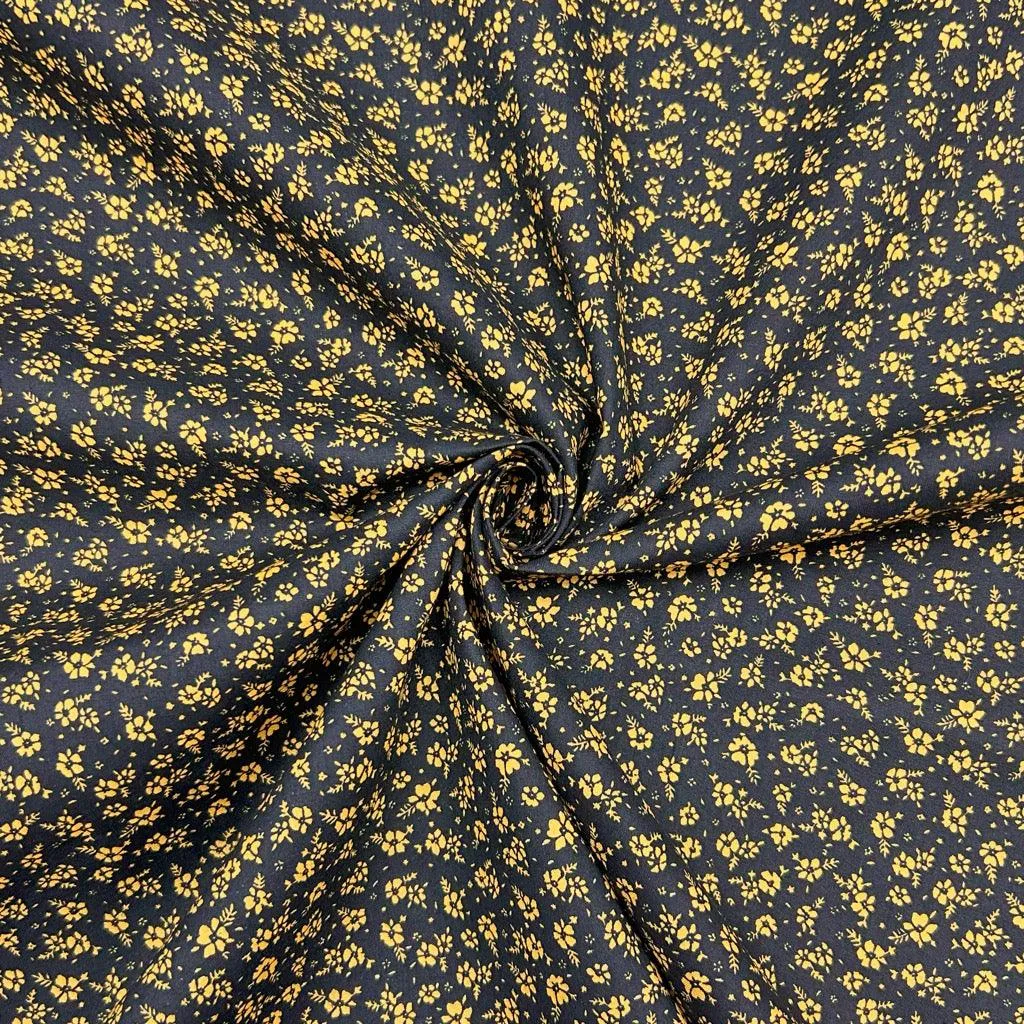 Gold Flowers on Black Cotton Poplin Fabric