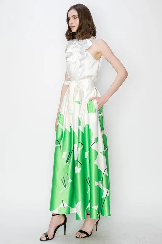 Green Flower Print Pleated Maxi Skirt with Waist Ribbon