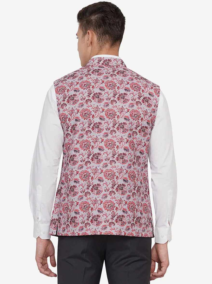 Grey & Red Printed Regular Fit Bandhgala Jacket | JB Studio