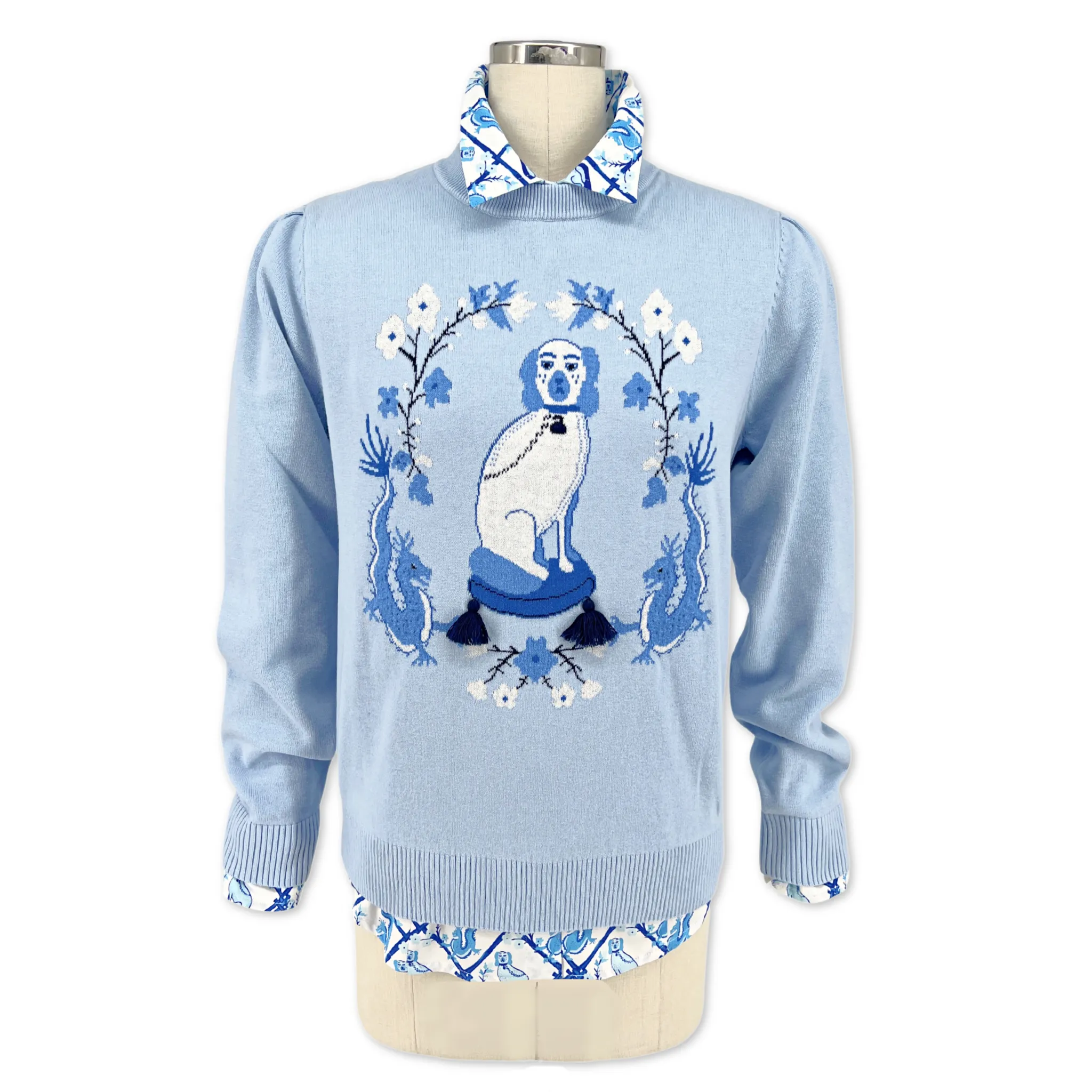 Ladies Willa Heart Blue and White Dog Sweater