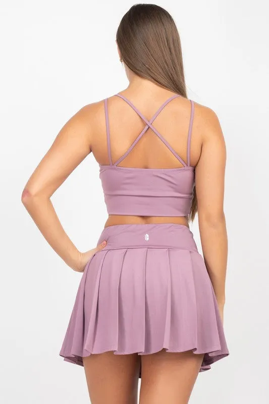 Medium Purple Overlapping Crop Top & Pleated Tennis Skirts Set