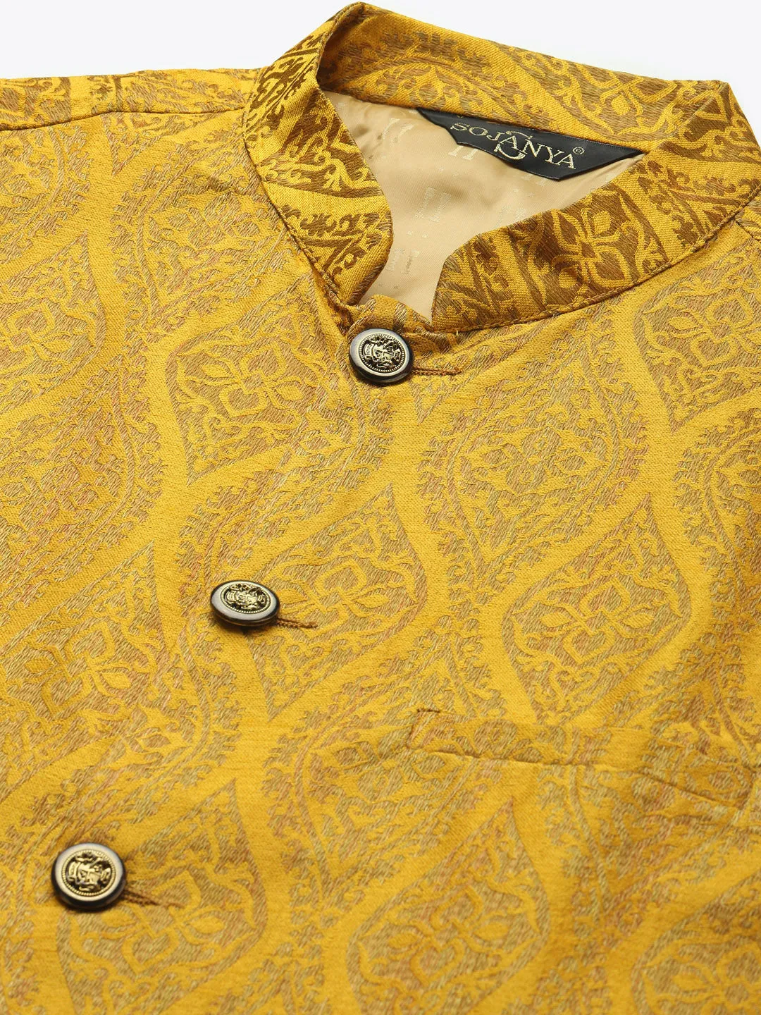 Men's Jacquard Silk Mustard & Gold Nehru Jacket - Sojanya