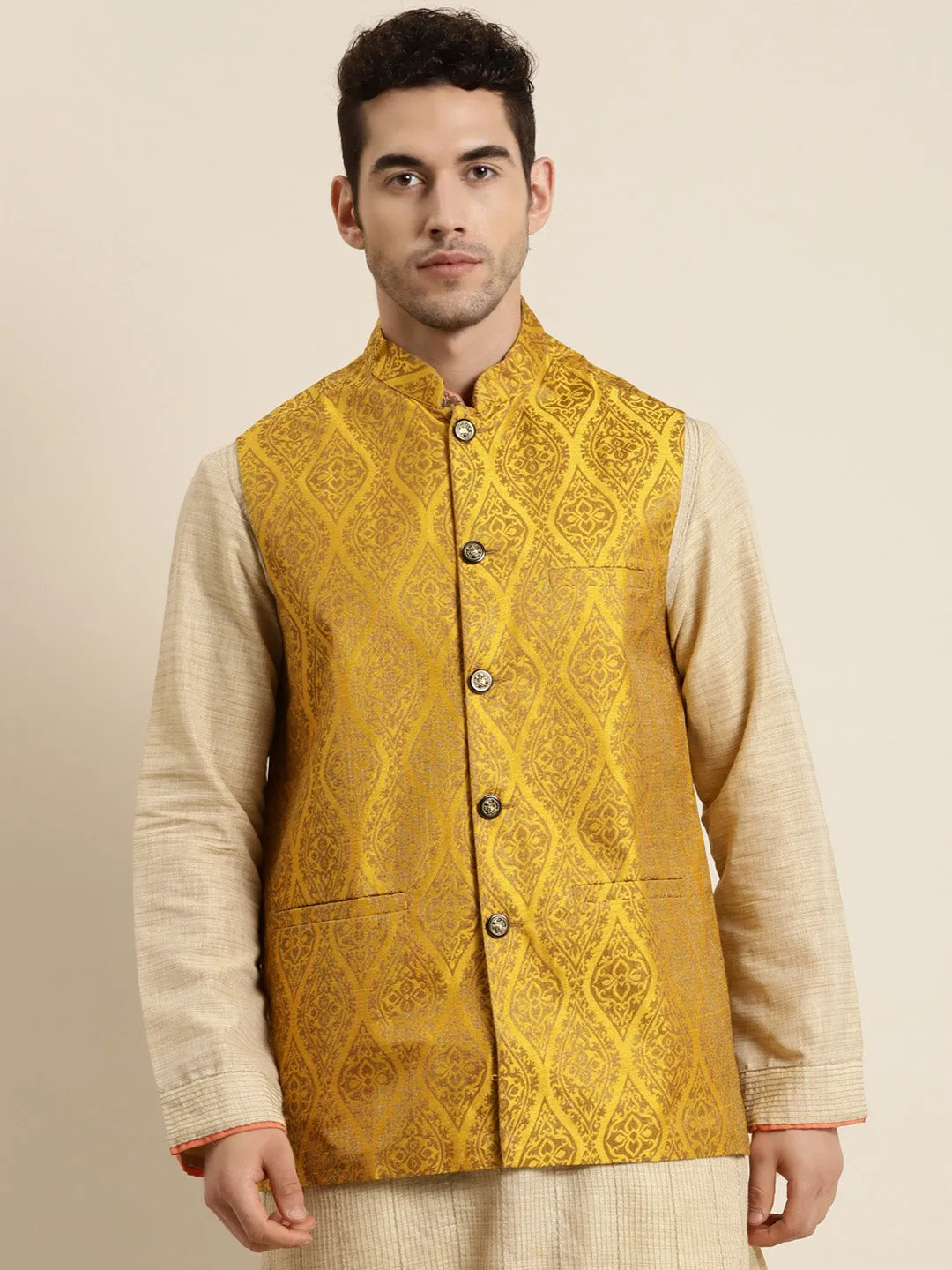 Men's Jacquard Silk Mustard & Gold Nehru Jacket - Sojanya