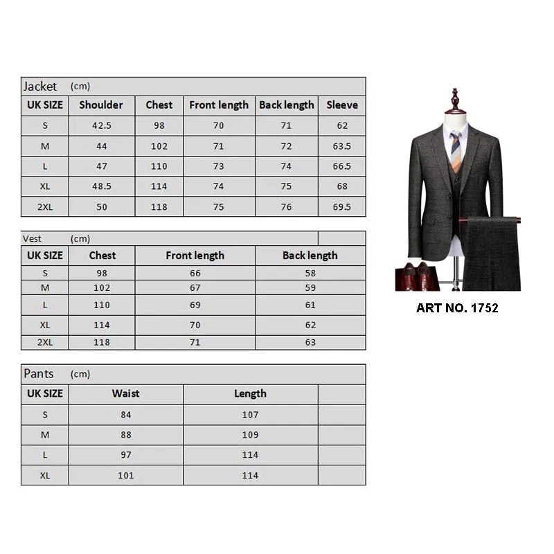 Mens Suits 3 Piece Check Plaid Suit Single Breasted Two Button JacketsTuxedo Suits Spring Autumn Winter | 1752