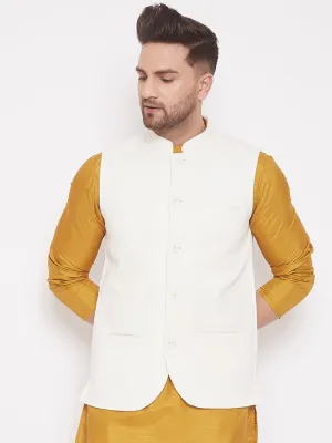 Men's White Cotton Linen Nehru Jacket - Even Apparels