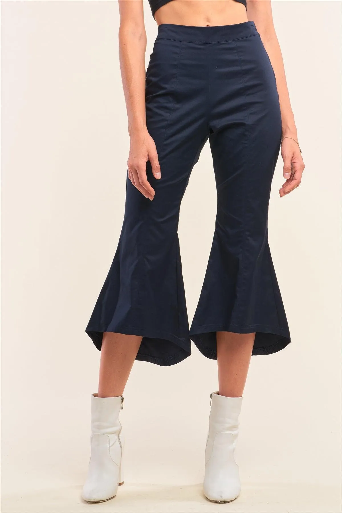 Navy Solid High Waisted Retro Bell Bottom Flare Pants /1-1-3-1