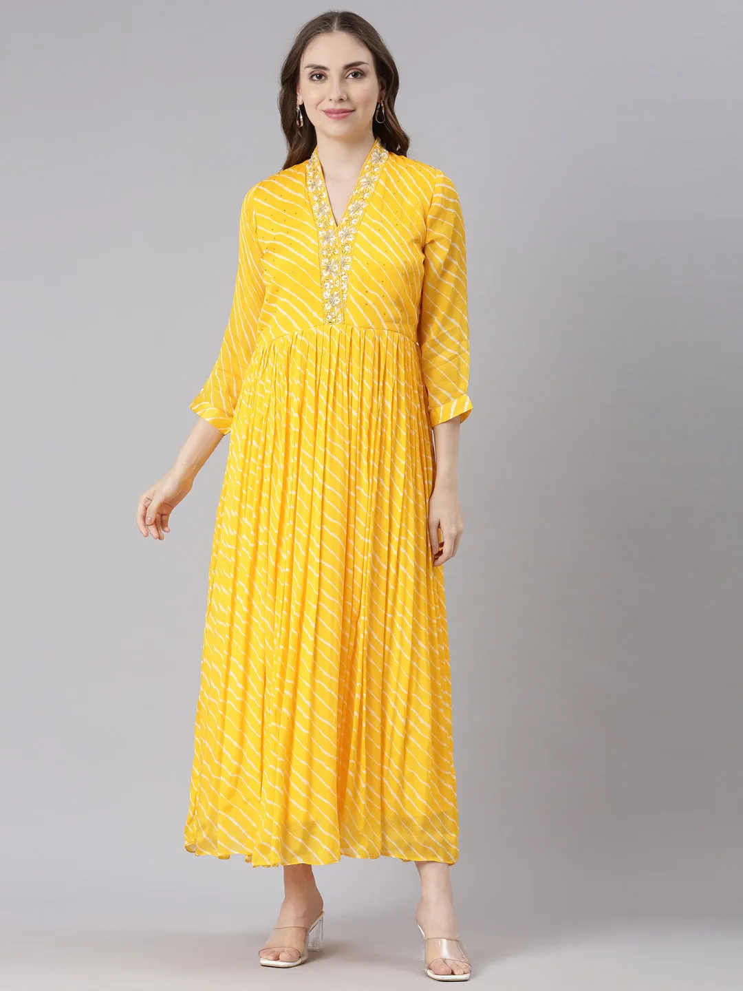 Neerus Yellow Cotton Straight Casual Ethnic Motifs Maxi Dresses