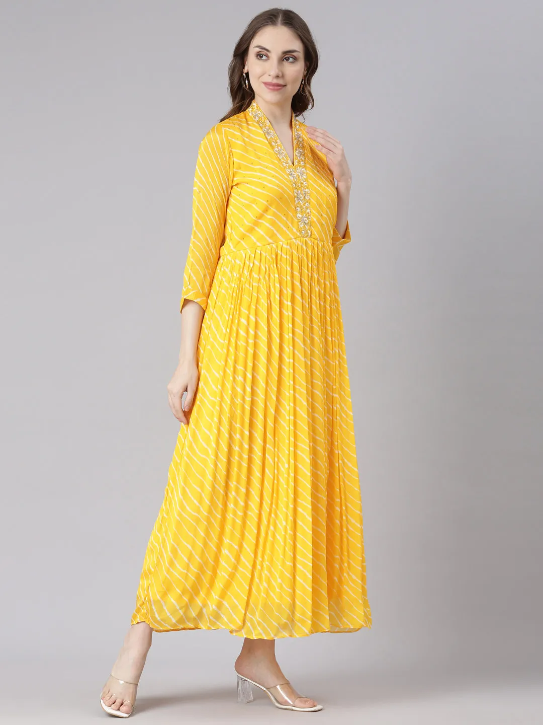 Neerus Yellow Cotton Straight Casual Ethnic Motifs Maxi Dresses