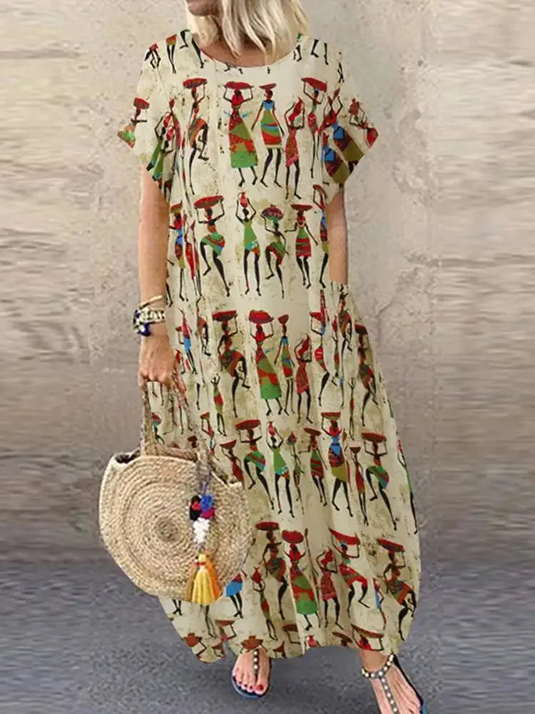 O-Neck ZANZEA Stylish Cartoon Print Casual Maxi Dress