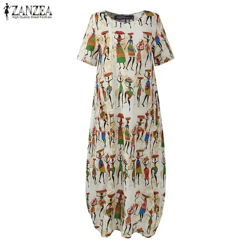 O-Neck ZANZEA Stylish Cartoon Print Casual Maxi Dress