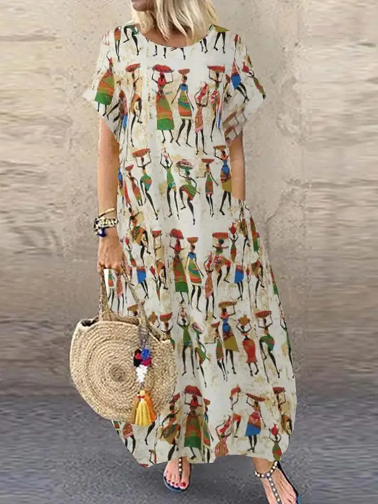 O-Neck ZANZEA Stylish Cartoon Print Casual Maxi Dress