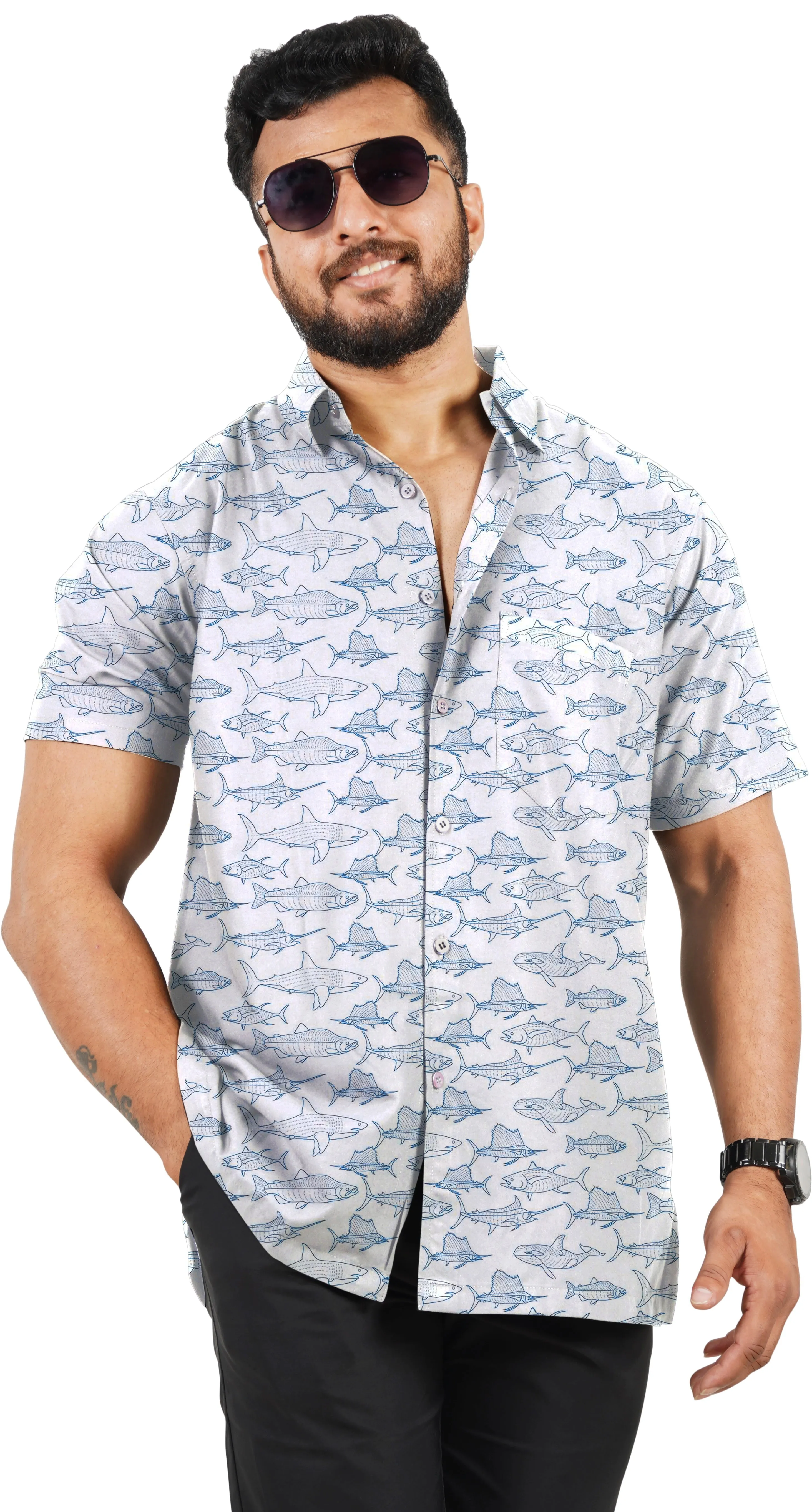 Oceanic Opulence White And Blue Shark Fish Printed Rayon Men's Shirt