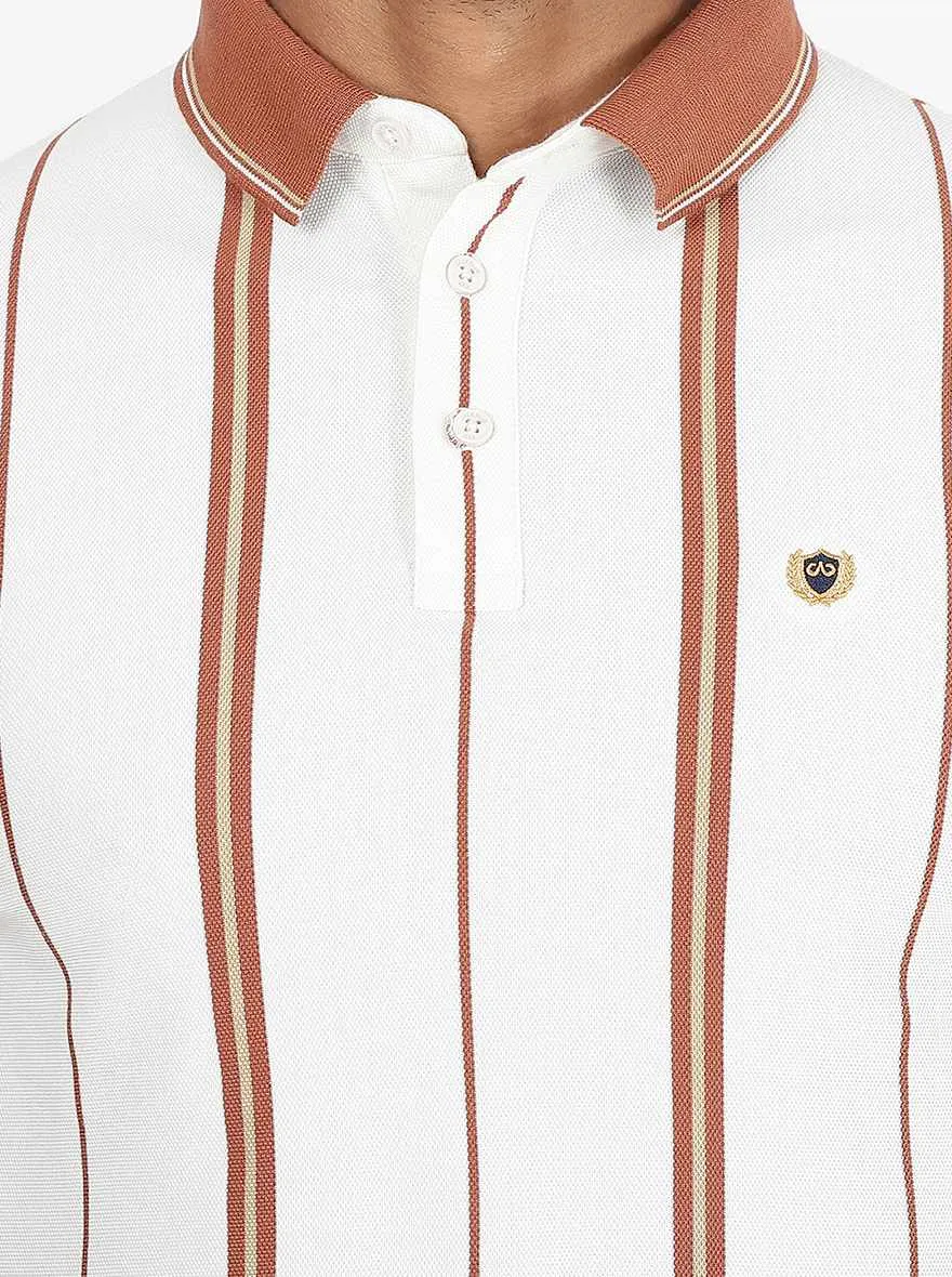 Off White Striped Slim Fit Polo T-Shirt | JadeBlue