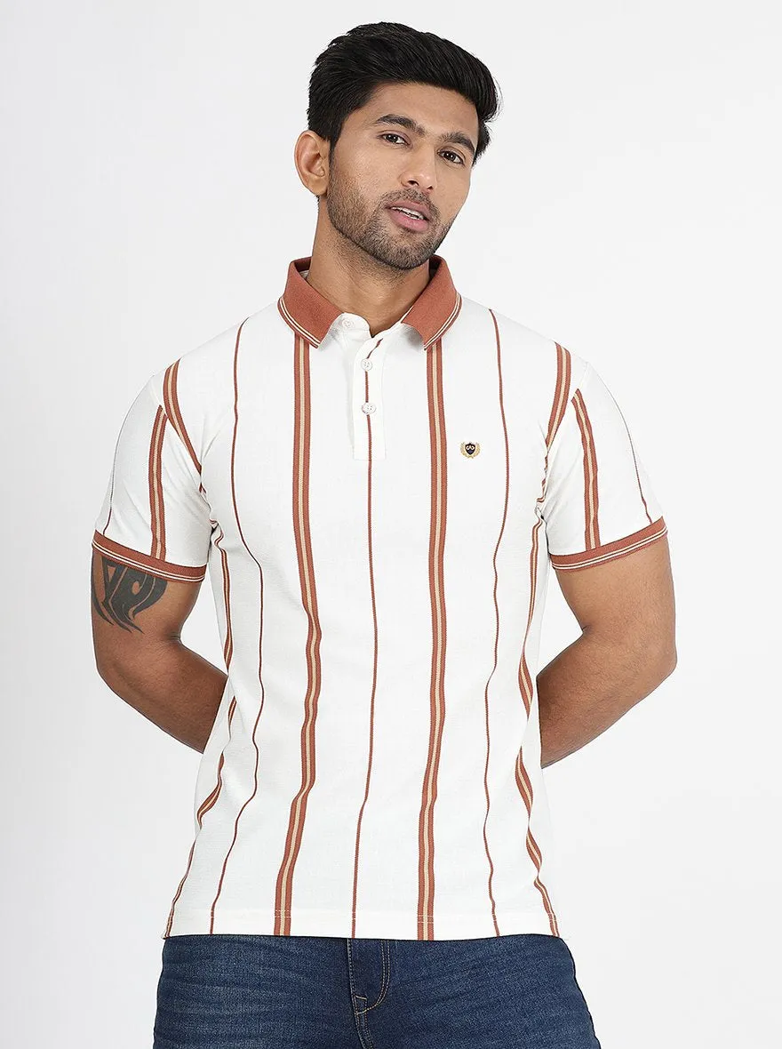 Off White Striped Slim Fit Polo T-Shirt | JadeBlue