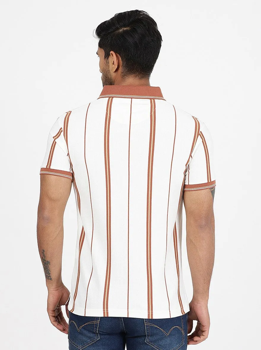 Off White Striped Slim Fit Polo T-Shirt | JadeBlue