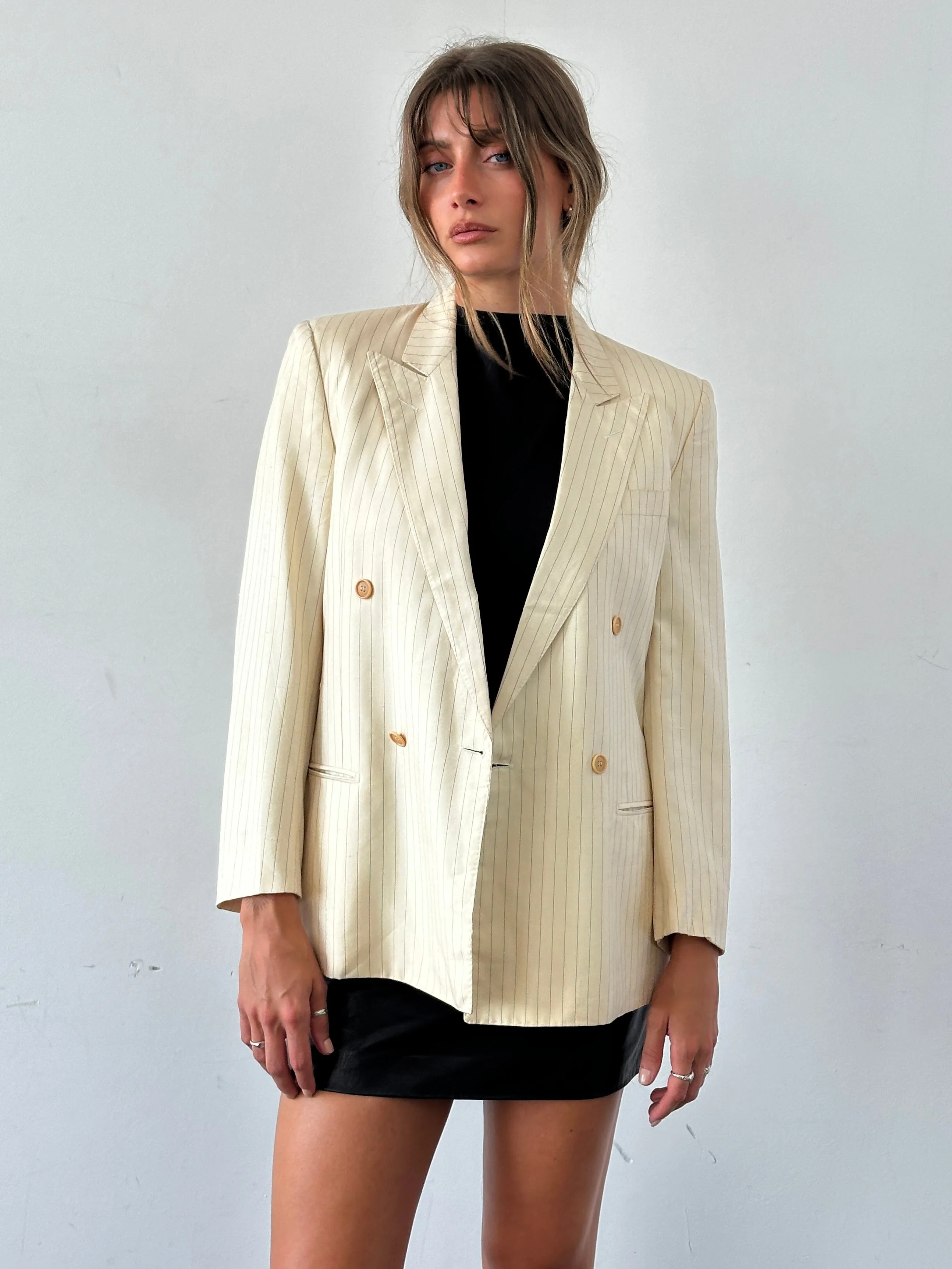 Pierre Cardin Pure Silk Stripe Double Breasted Blazer - 36R/S