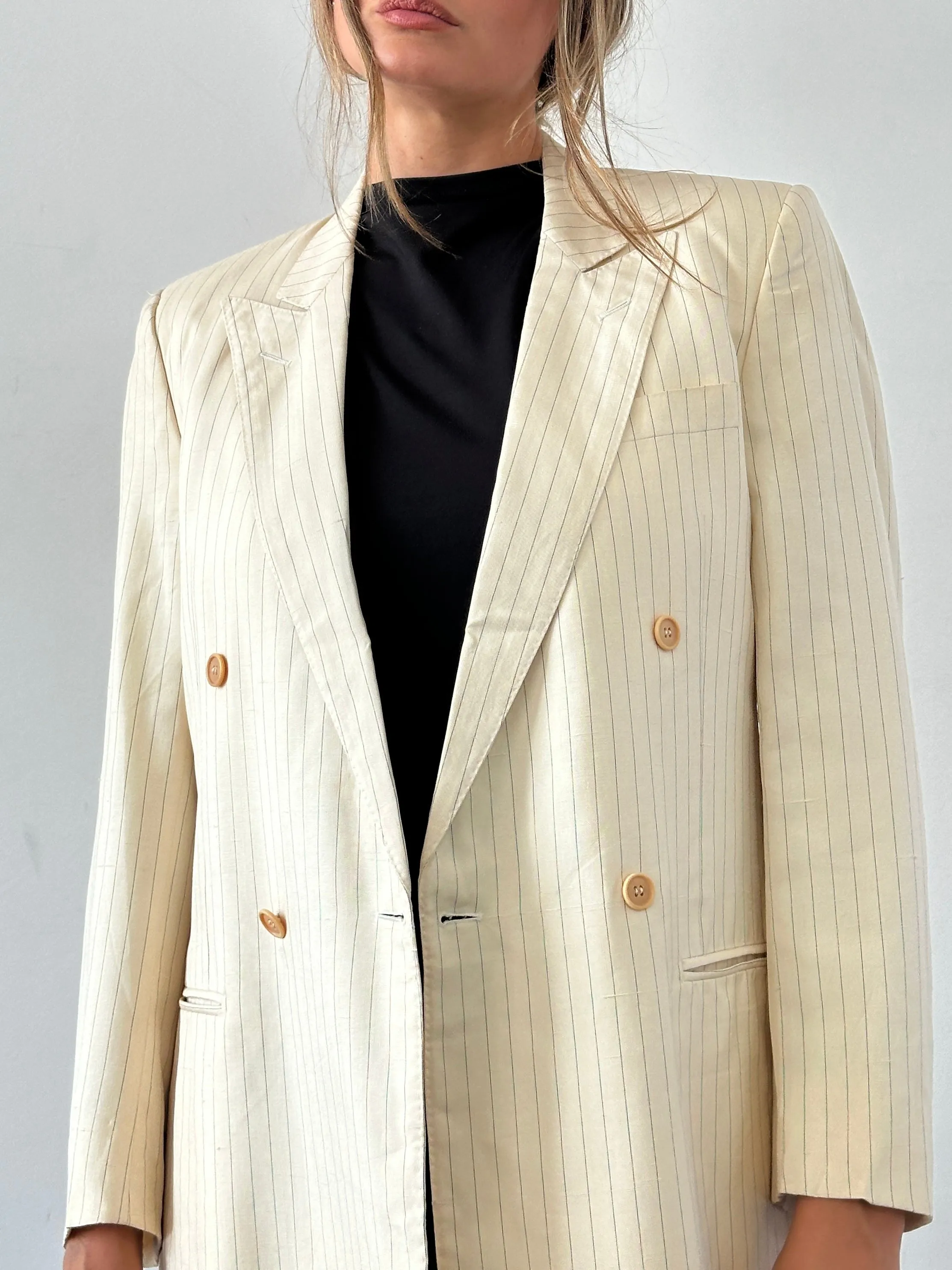 Pierre Cardin Pure Silk Stripe Double Breasted Blazer - 36R/S