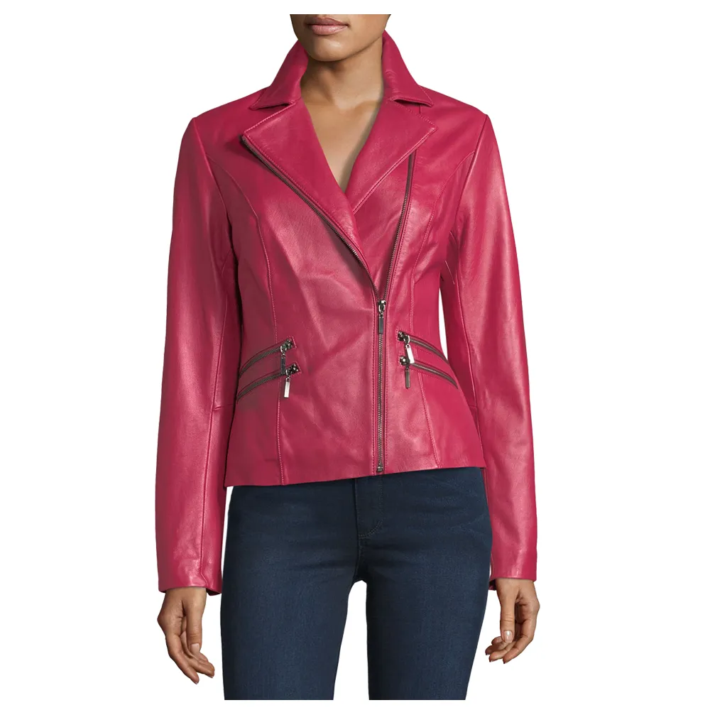 Pink Lambskin Women Biker Leather Jacket