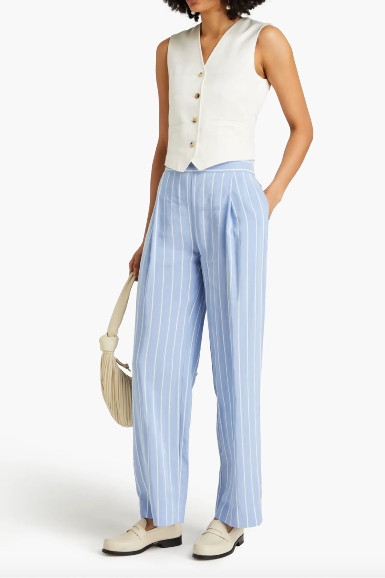 Pleated Striped Woven Wide-Leg Pants