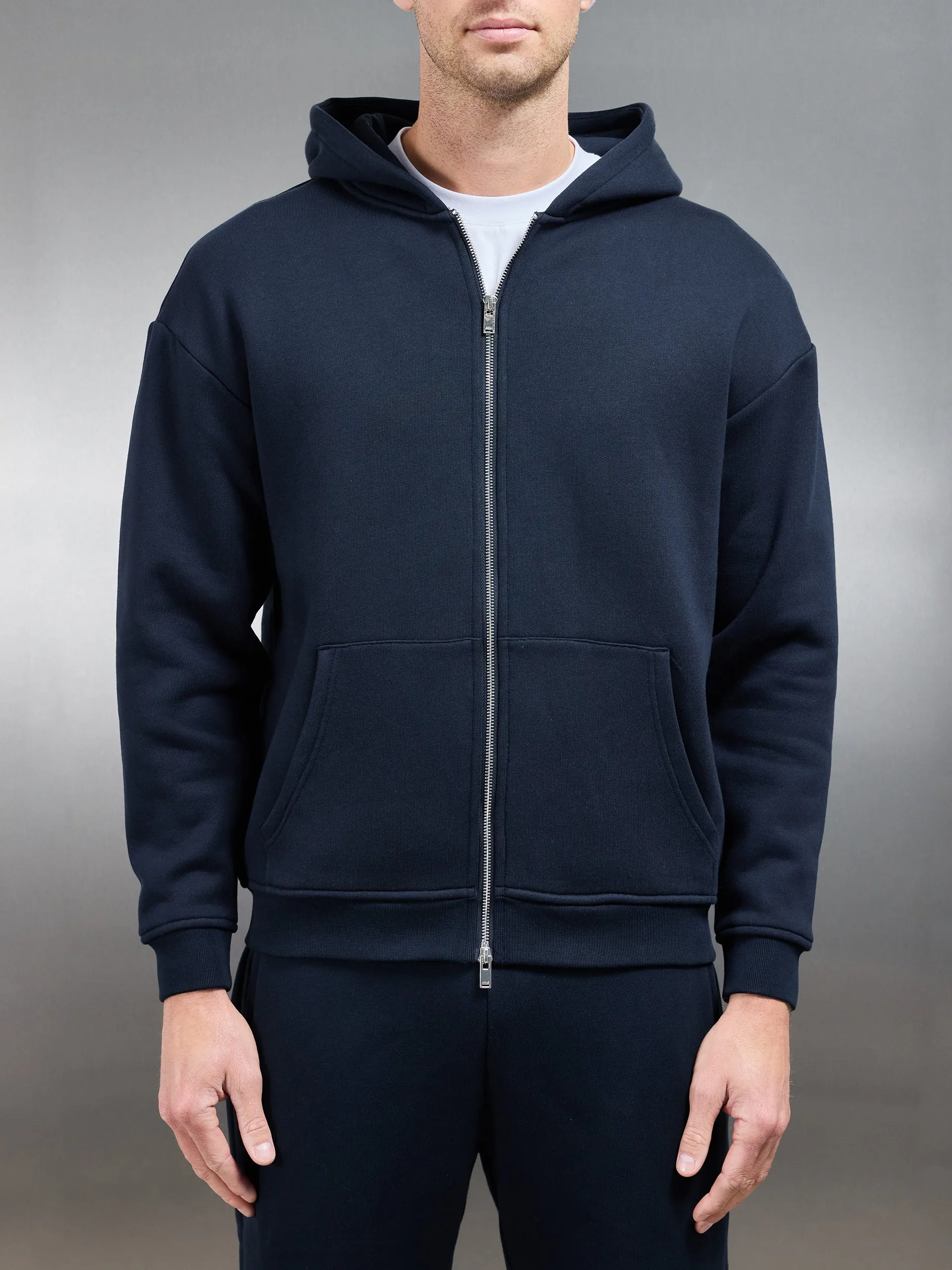 Relaxed Zip Through Hoodie in Navy