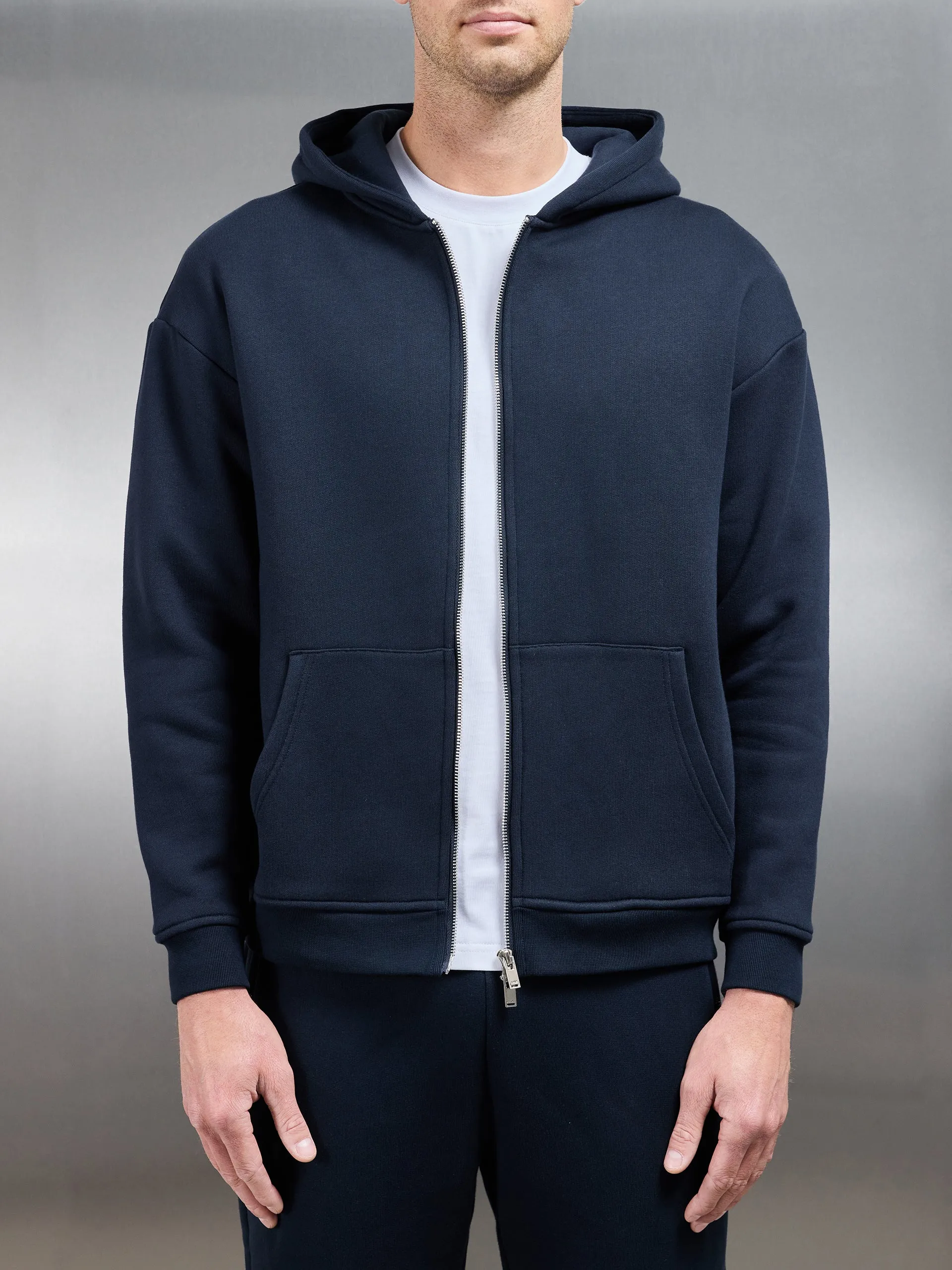 Relaxed Zip Through Hoodie in Navy