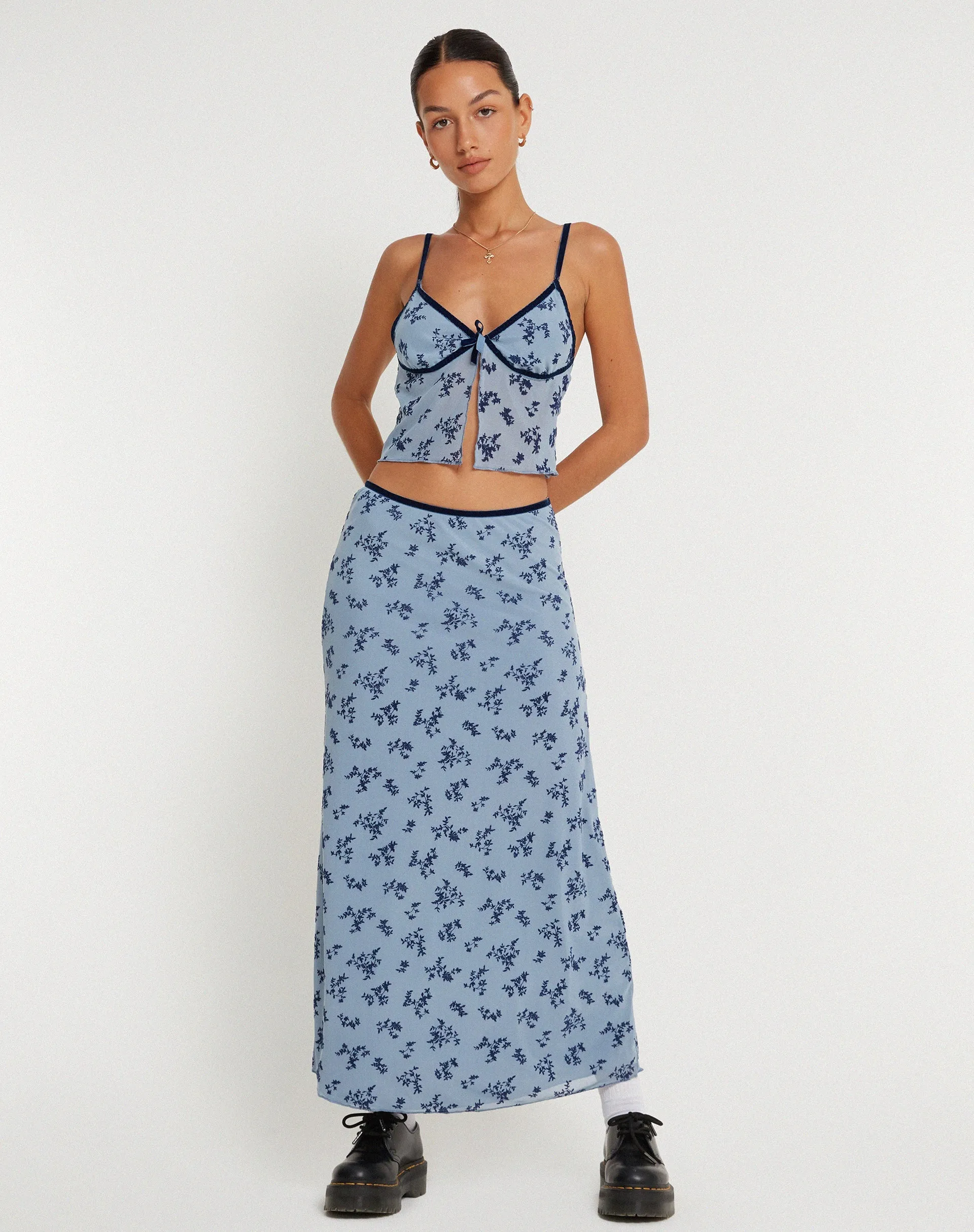 Rinzi Maxi Skirt in Light Blue Black Botanist Flocking