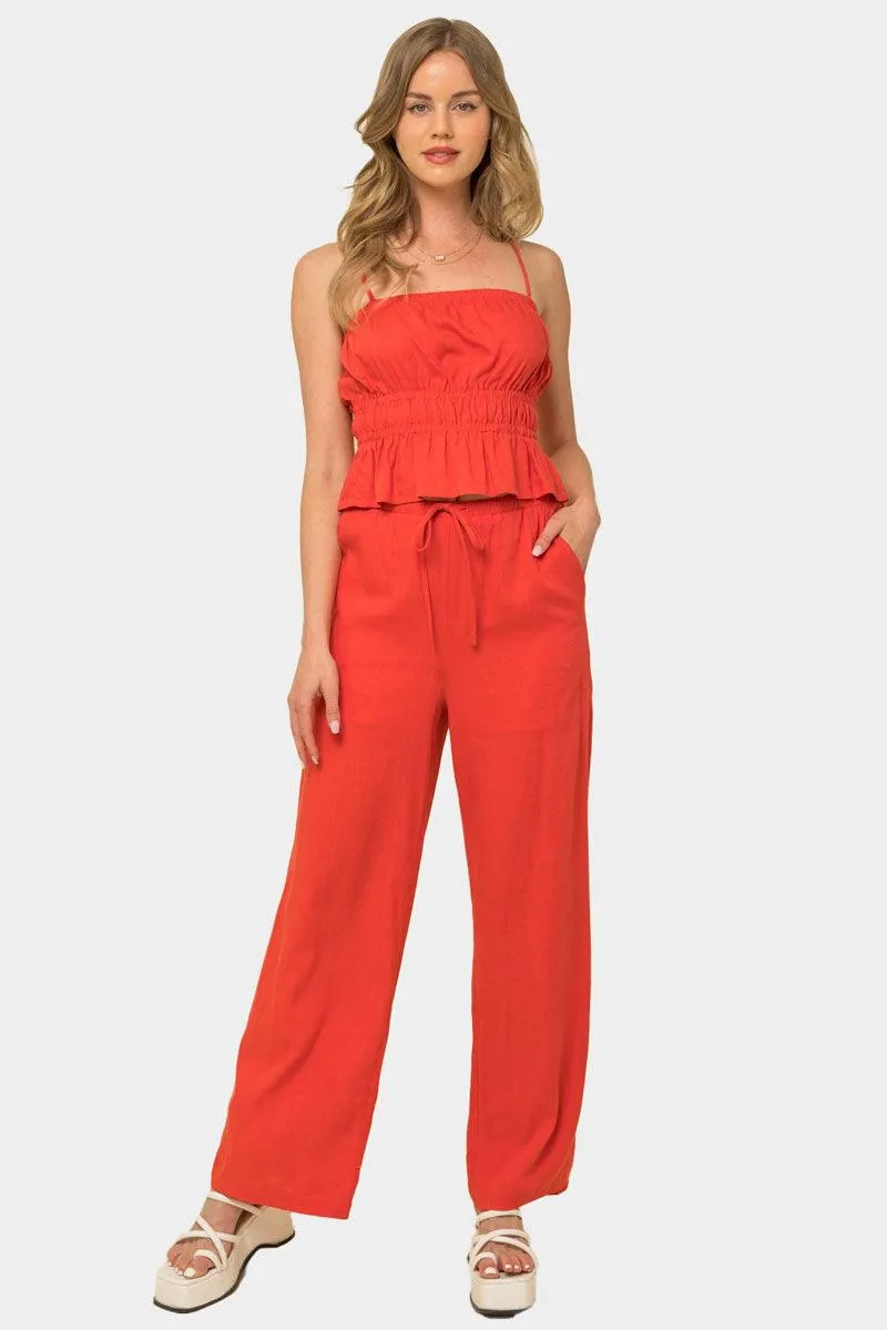 Ruched Linen Cami Top & Elastic Waist Pants Set