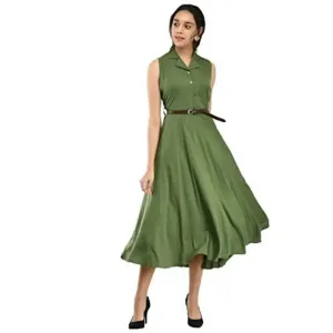 RUDRAKRITI Women's Green Crepe Solid Stylish with Belt Dress