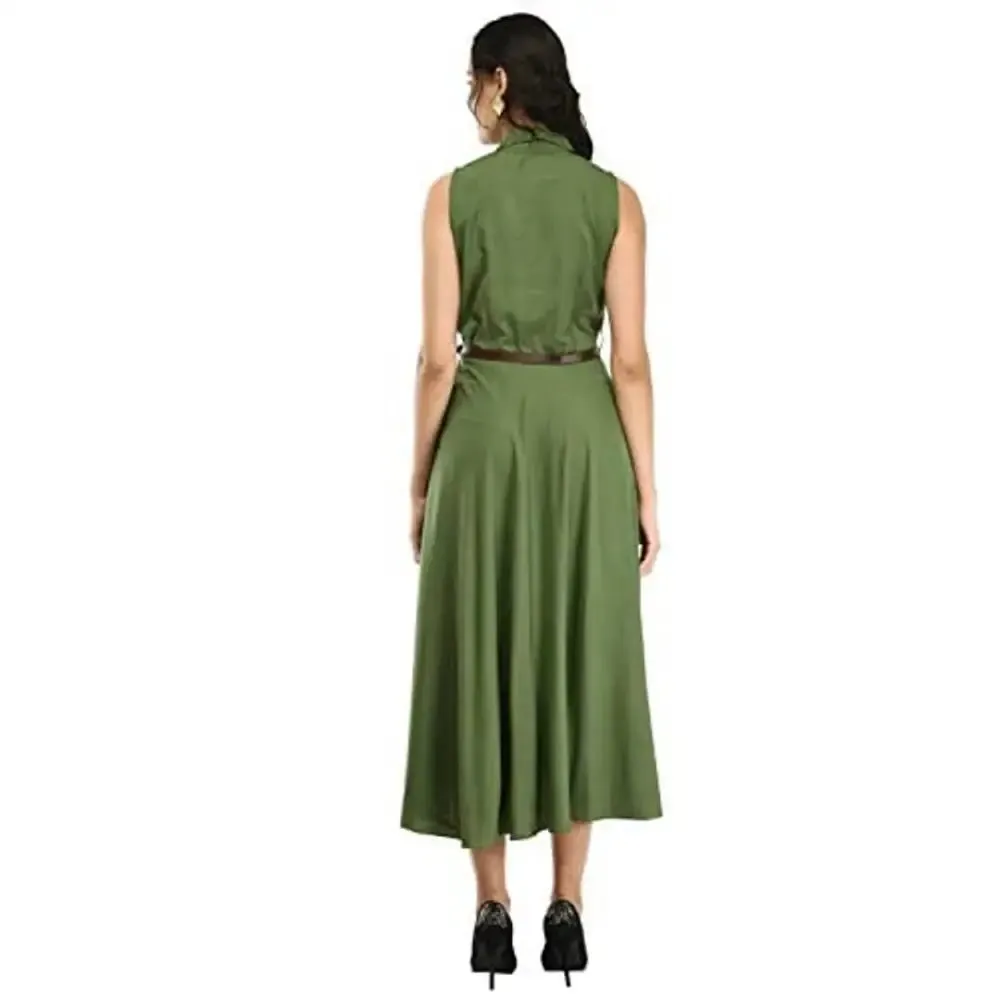 RUDRAKRITI Women's Green Crepe Solid Stylish with Belt Dress