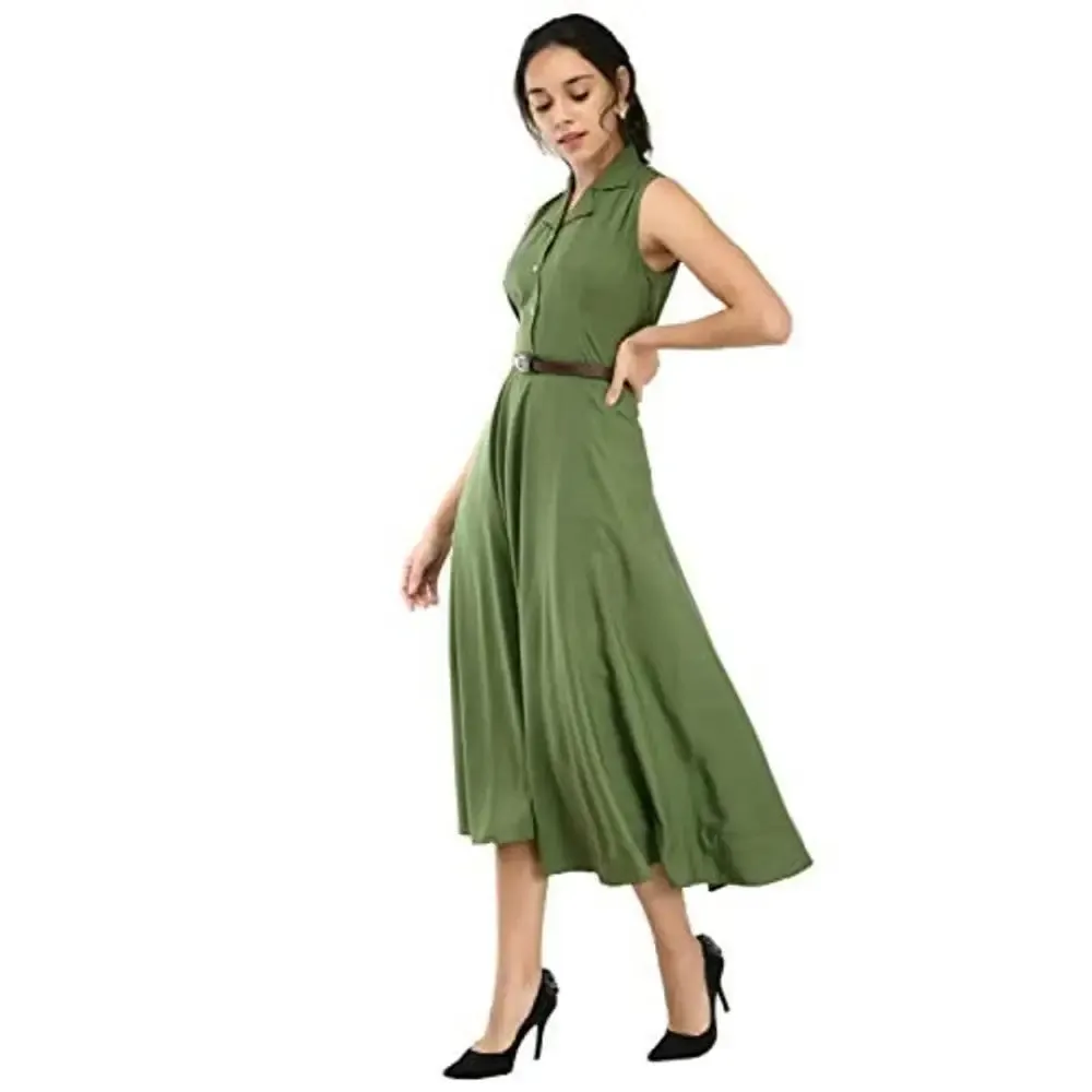 RUDRAKRITI Women's Green Crepe Solid Stylish with Belt Dress